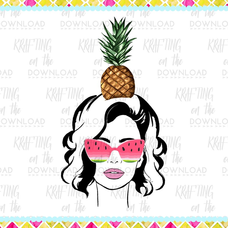 May include: A black and white illustration of a woman with short curly hair wearing watermelon-shaped sunglasses and a pineapple on her head.