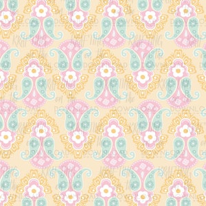 May include: A seamless pattern featuring a repeating design of stylized paisley shapes in shades of pink, yellow, and green. The paisley shapes are outlined in a darker shade of pink and have a white flower in the center.
