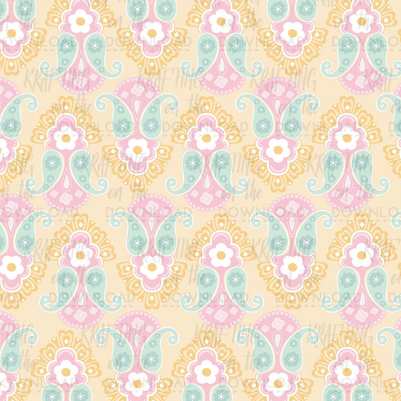 May include: A seamless pattern featuring a repeating design of stylized paisley shapes in shades of pink, yellow, and green. The paisley shapes are outlined in a darker shade of pink and have a white flower in the center.