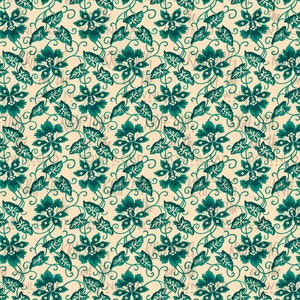 May include: A seamless pattern featuring a repeating design of teal green flowers and leaves on a cream background.