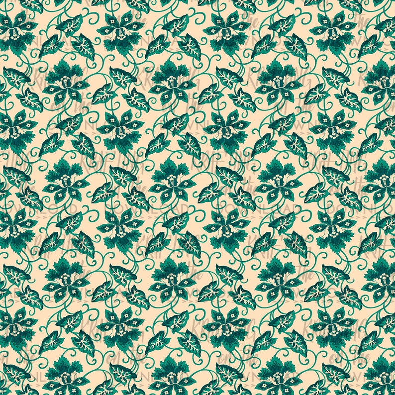May include: A seamless pattern featuring a repeating design of teal green flowers and leaves on a cream background.