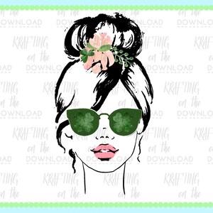 May include: A black and white illustration of a woman with a messy bun, wearing green sunglasses with shamrock designs. She has pink lips and a floral headband with pink and green flowers.
