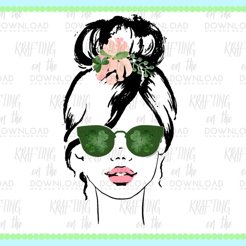 May include: A black and white illustration of a woman with a messy bun, wearing green sunglasses with shamrock designs. She has pink lips and a floral headband with pink and green flowers.