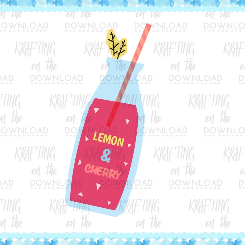 May include: A blue glass jar with a red liquid inside and a straw. The jar has the words "Lemon & Cherry" written on it.