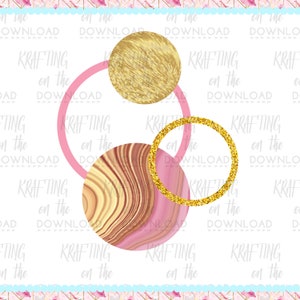 May include: Abstract geometric design with a pink, gold, and brown color scheme. The design features three circles, one with a marbleized pattern, one with a gold glitter texture, and one with a solid gold color.