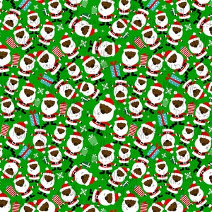 May include: A seamless pattern featuring a repeating design of cartoon Santa Clauses with brown skin, wearing red suits with white trim, and holding gifts. The background is a bright green color with white snowflakes.