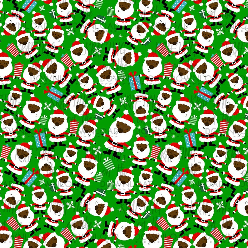 May include: A seamless pattern featuring a repeating design of cartoon Santa Clauses with brown skin, wearing red suits with white trim, and holding gifts. The background is a bright green color with white snowflakes.