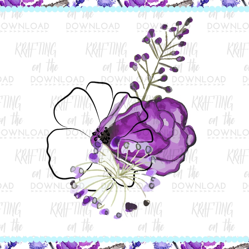 Puede incluir: Dise&ntilde;o floral en acuarela con flores moradas, tallos verdes y peque&ntilde;as bayas moradas. Tambi&eacute;n hay una flor blanca con contornos negros. Las palabras "KRAFTING on the DOWNLOAD" se repiten.