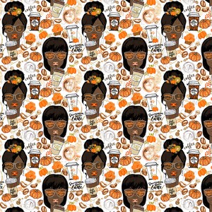 May include: A seamless pattern featuring a repeated design of a woman with a bun in her hair, wearing sunglasses and holding a cup of coffee. The pattern is set against a white background with brown coffee beans, orange pumpkins, and the text "Pumpkin Spice Latte".
