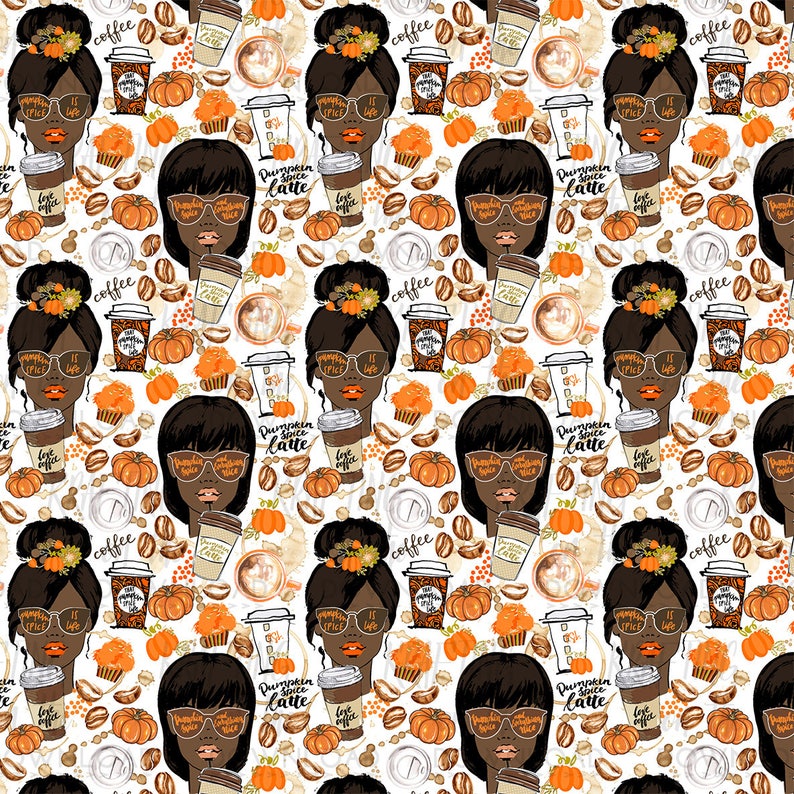 May include: A seamless pattern featuring a repeated design of a woman with a bun in her hair, wearing sunglasses and holding a cup of coffee. The pattern is set against a white background with brown coffee beans, orange pumpkins, and the text "Pumpkin Spice Latte".