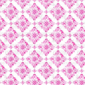May include: A seamless pattern featuring a pink and white watercolor design. The pattern is made up of repeating diamond shapes with intricate floral details.