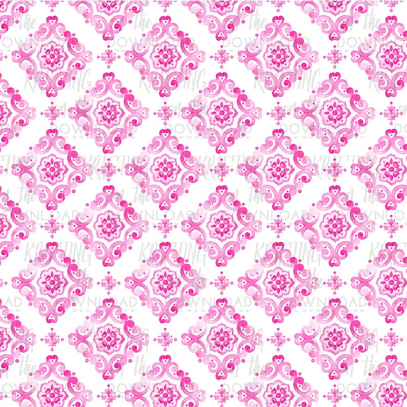 May include: A seamless pattern featuring a pink and white watercolor design. The pattern is made up of repeating diamond shapes with intricate floral details.