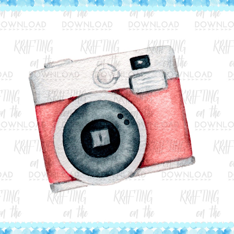 May include: A watercolor illustration of a vintage camera with a red body, a gray lens, and a black viewfinder. The camera is painted in a realistic style, with visible details like the shutter button and the film rewind knob.