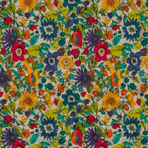 May include: A seamless pattern featuring a variety of colorful flowers in a vintage style. The flowers are drawn in a detailed, realistic style and are set against a background of small white dots. The colors in the pattern include red, orange, yellow, green, blue, and purple.