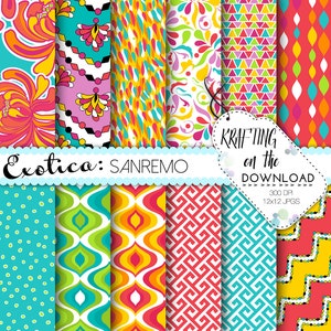 Puede incluir: Un conjunto de 12 patrones de papel digital en un estilo exótico, brillante y colorido. Los patrones presentan formas geométricas, lunares y diseños florales en tonos de rosa, amarillo, azul, verde y rojo. El texto "Exotica: Sanremo" se muestra en la imagen.