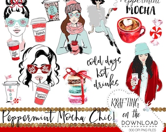 peppermint mocha watercolor coffee clipart set christmas peppermint mocha clip art planner girl png file watercolor holiday coffee png files