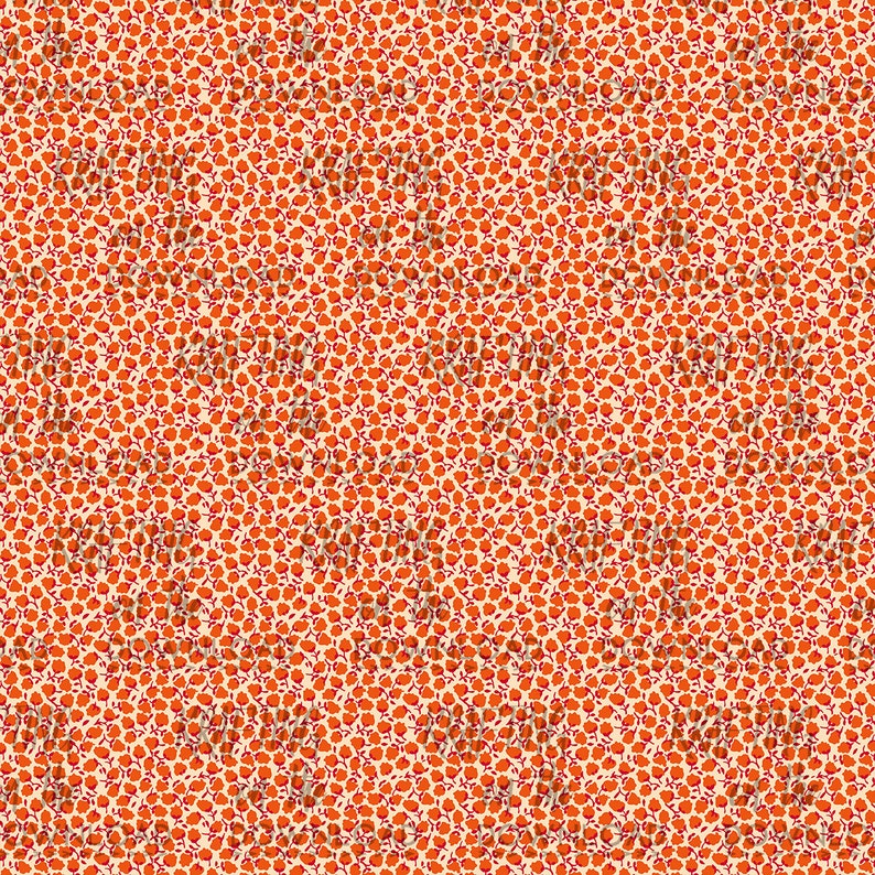 May include: A seamless pattern featuring a repeating design of small, orange flowers with red stems on a cream background.