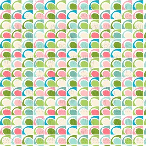 May include: A seamless pattern with a retro design featuring repeating geometric shapes in shades of green, blue, pink, and white.