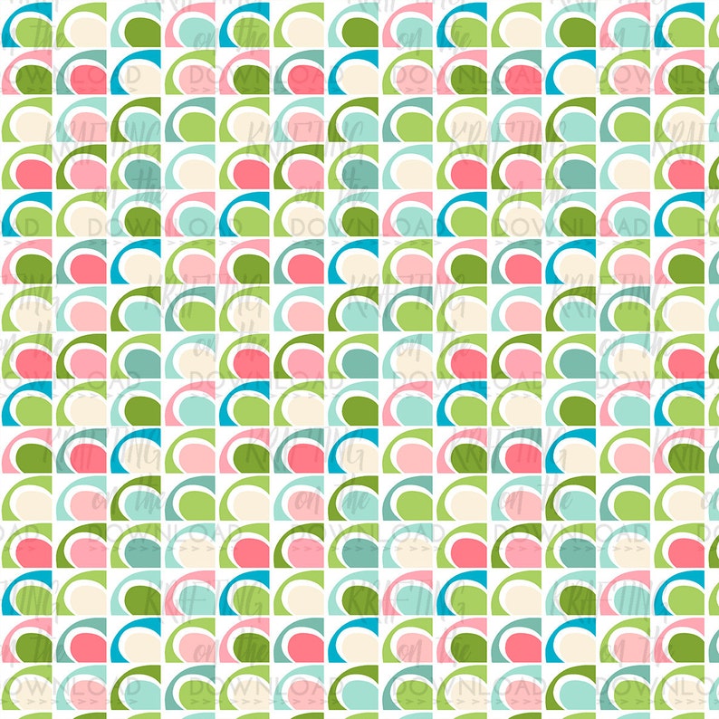 May include: A seamless pattern with a retro design featuring repeating geometric shapes in shades of green, blue, pink, and white.