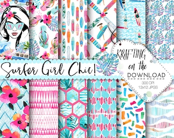 watercolor surfer girl paper pack surf girl  digital paper surfer planner girl paper pack watercolor surfer girl planner girl papers