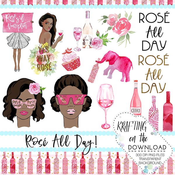 rose all day clip art rose wine clipart wine clip art medium skin tone planner girl clipart png set rosé wine png file summer girl clipart