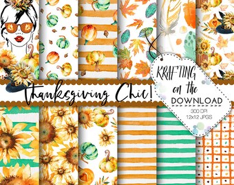 May include: A set of 12 digital papers featuring Thanksgiving-themed patterns. The patterns include sunflowers, pumpkins, leaves, stripes, and plaid. The papers are 300 DPI and are 12x12 inches.