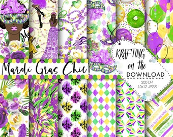 mardi gras digital paper watercolor mardi gras paper pack watercolor carnivale papers watercolor african american planner girl paper pack