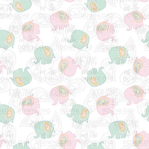 May include: A seamless pattern featuring pink and green elephants with paisley designs on a white background. The elephants are repeated throughout the pattern, creating a whimsical and decorative design.
