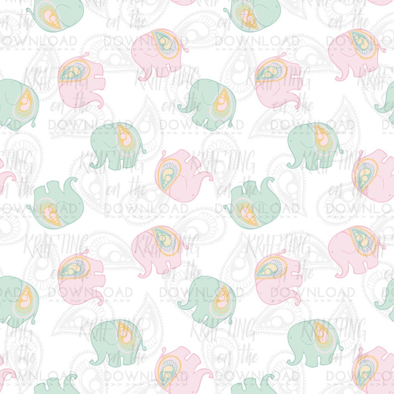 May include: A seamless pattern featuring pink and green elephants with paisley designs on a white background. The elephants are repeated throughout the pattern, creating a whimsical and decorative design.