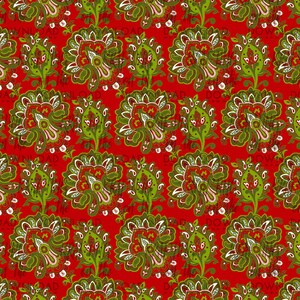 Puede incluir: Un patr&oacute;n sin costuras con un dise&ntilde;o repetitivo de motivos florales estilizados en verde y blanco sobre un fondo rojo.