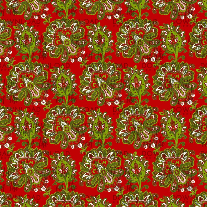 Puede incluir: Un patr&oacute;n sin costuras con un dise&ntilde;o repetitivo de motivos florales estilizados en verde y blanco sobre un fondo rojo.