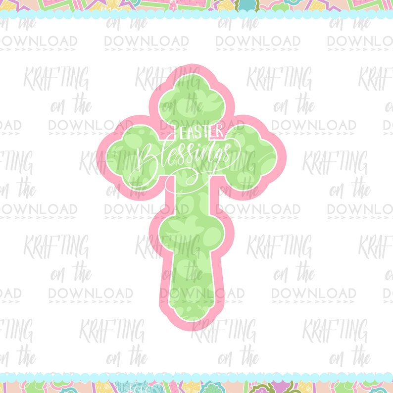 Puede incluir: Un cortador de galletas rosa y verde en forma de cruz con las palabras "Easter Blessings" escritas en &eacute;l.