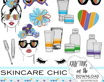 May include: A set of colorful digital illustrations for skincare products. The illustrations include a woman with a flower crown and sunglasses, a heart with rainbow stripes, a flower, and various bottles and tubes of skincare products. The text "KRAFTING on the DOWNLOAD 300 DPI PNG FILES TRANSPARENT BACKGROUND" is also included.