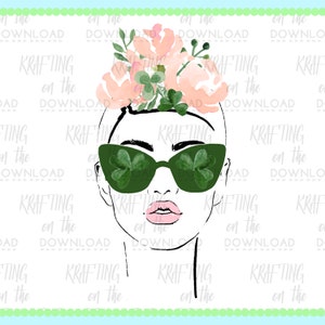 May include: A digital illustration of a woman with a black outline and pink flowers in her hair. She is wearing sunglasses with green shamrocks on the lenses. The background is white.