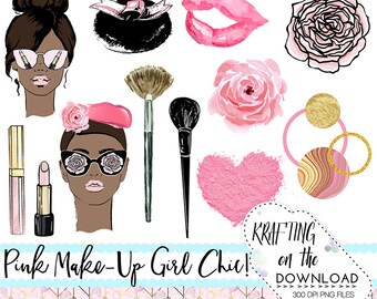 Peut inclure: Un ensemble d'illustrations numériques sur le thème du maquillage rose et noir. L'ensemble comprend une femme avec du rouge à lèvres rose et des lunettes de soleil, un pinceau à maquillage, un fard à joues en forme de cœur, une rose et une houppette à poudre.