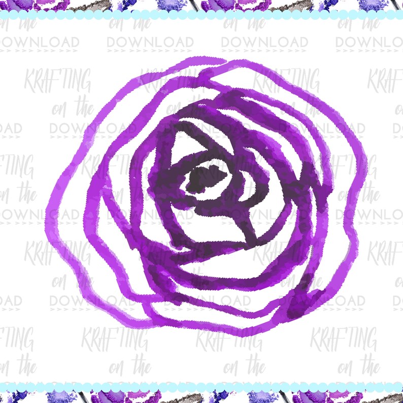 Puede incluir: Ilustraci&oacute;n estilo acuarela de una rosa morada. La flor se representa con p&eacute;talos superpuestos y arremolinados en tonos de morado y violeta oscuro, sobre un fondo blanco. La imagen tiene una est&eacute;tica pintada a mano.