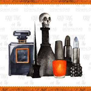 May include: A set of black and silver Halloween-themed makeup and perfume bottles. The set includes a bottle of perfume, a bottle of nail polish, two tubes of lipstick, and a bottle of nail polish with a skull-shaped stopper.