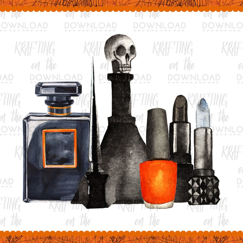 May include: A set of black and silver Halloween-themed makeup and perfume bottles. The set includes a bottle of perfume, a bottle of nail polish, two tubes of lipstick, and a bottle of nail polish with a skull-shaped stopper.