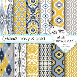 Navy Blau und Gold Ikat digitales Papier Pack Ikat Entwurf Navy blau, gold, gelb, grau Scrapbooking Papiere Ikat digitales Papier Boho Papier Pack