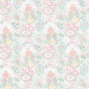 May include: A seamless pattern featuring a repeating design of paisley shapes in shades of pink, green, and yellow on a white background.