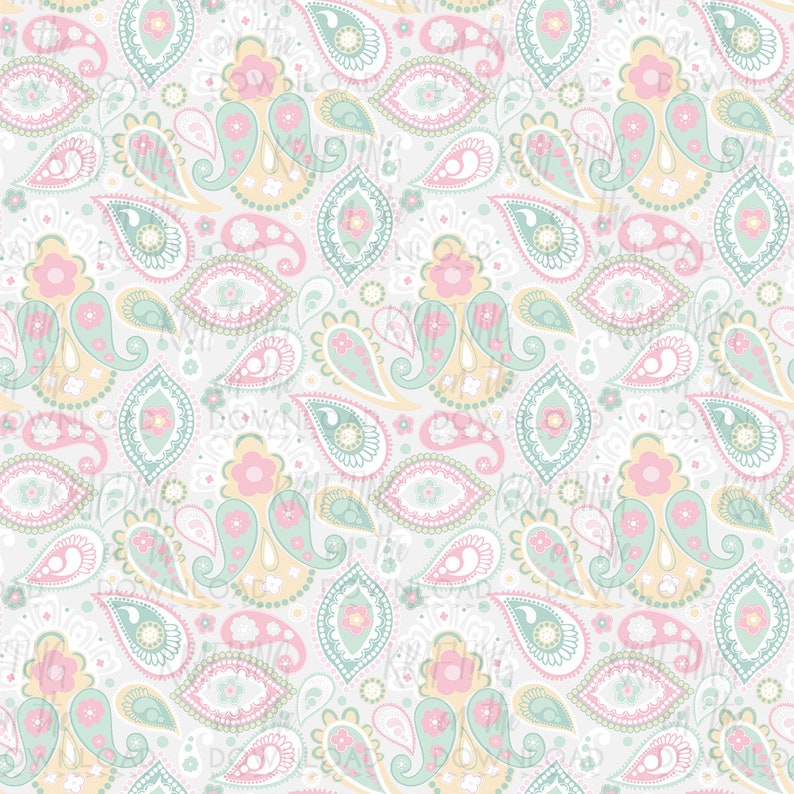May include: A seamless pattern featuring a repeating design of paisley shapes in shades of pink, green, and yellow on a white background.