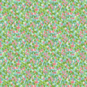 May include: A seamless pattern featuring a variety of small flowers in shades of pink, green, blue, and white on a light blue background.