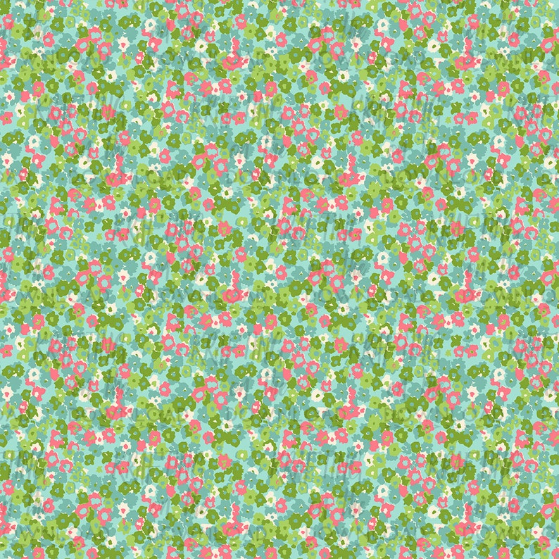 May include: A seamless pattern featuring a variety of small flowers in shades of pink, green, blue, and white on a light blue background.