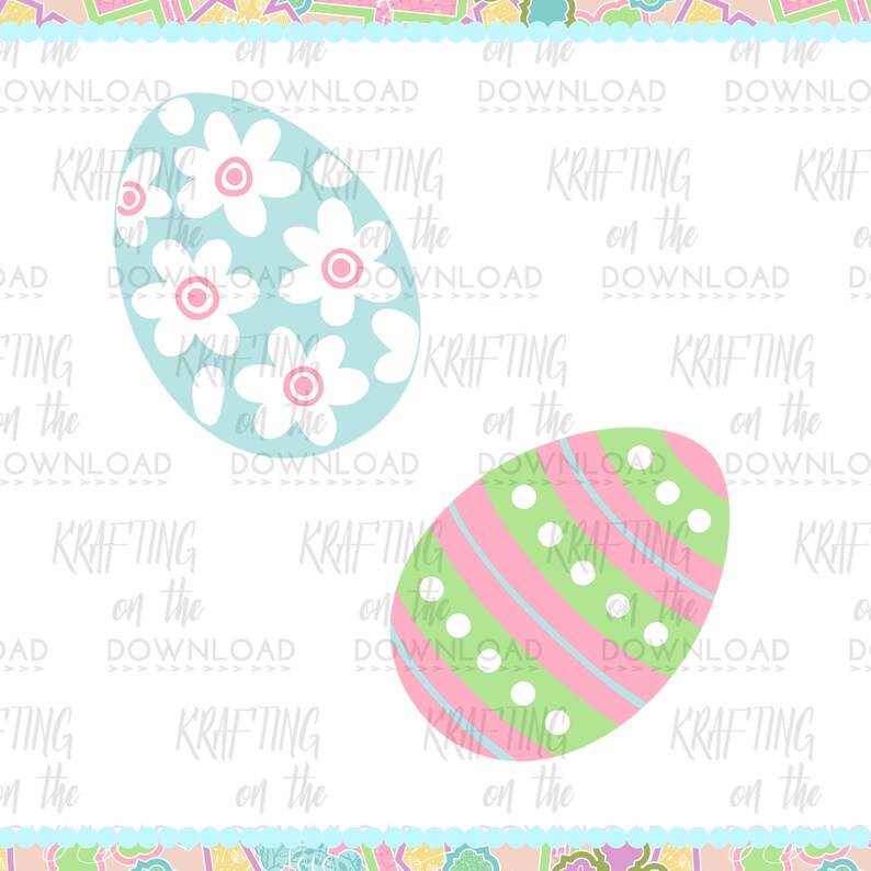 Puede incluir: Dos huevos de Pascua, uno azul con flores blancas y otro rosa y verde con lunares blancos.