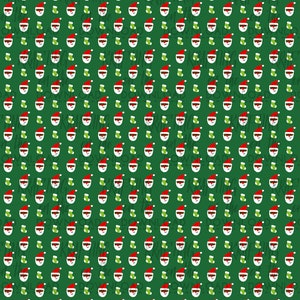May include: A seamless pattern featuring a repeating design of Santa Claus faces wearing sunglasses and green Christmas stockings on a green background.