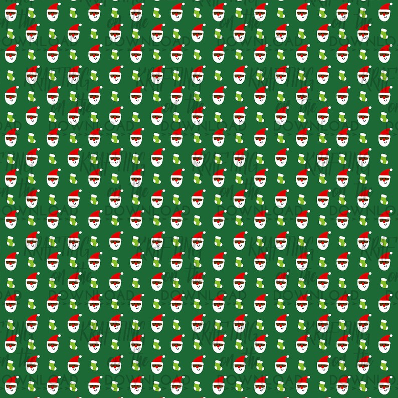 May include: A seamless pattern featuring a repeating design of Santa Claus faces wearing sunglasses and green Christmas stockings on a green background.