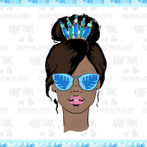 May include: A digital illustration of a woman with brown skin wearing a blue crown, blue sunglasses with a tropical leaf design, and a bun. The background is a light blue watercolor pattern.