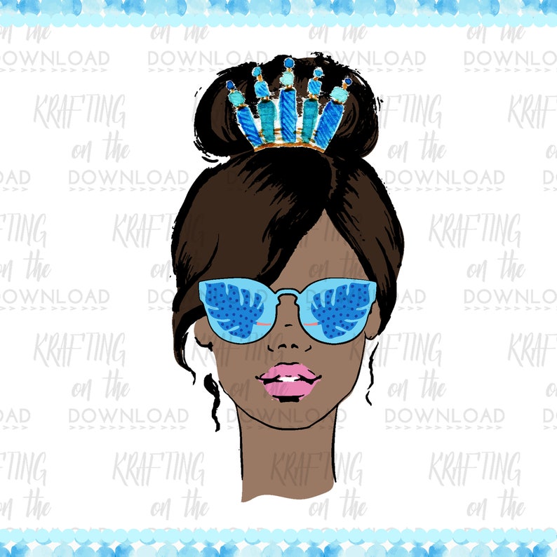 May include: A digital illustration of a woman with brown skin wearing a blue crown, blue sunglasses with a tropical leaf design, and a bun. The background is a light blue watercolor pattern.