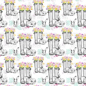 May include: A seamless pattern featuring a repeating design of grey rain boots filled with colorful flowers and a white bunny rabbit. The background is white with a light blue, green, and pink watercolor wash.