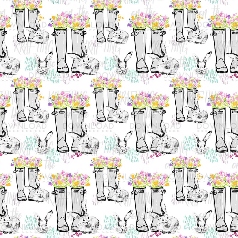 May include: A seamless pattern featuring a repeating design of grey rain boots filled with colorful flowers and a white bunny rabbit. The background is white with a light blue, green, and pink watercolor wash.